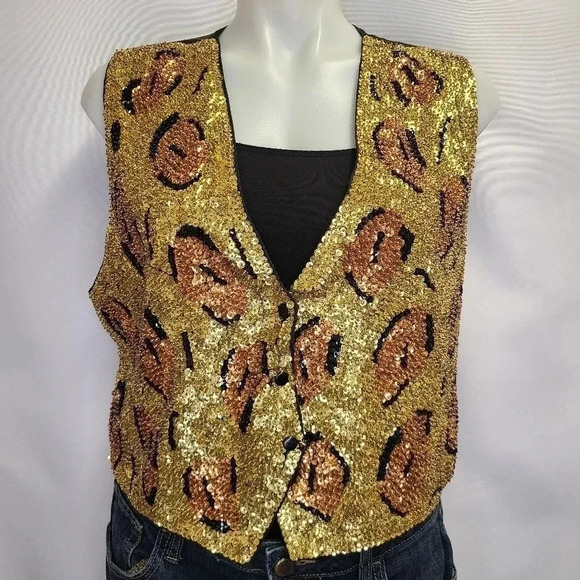 Chantik Vintage Full Sequin Vest Cat Eye Leopard Print Orange Gold Black - Picture 1 of 13
